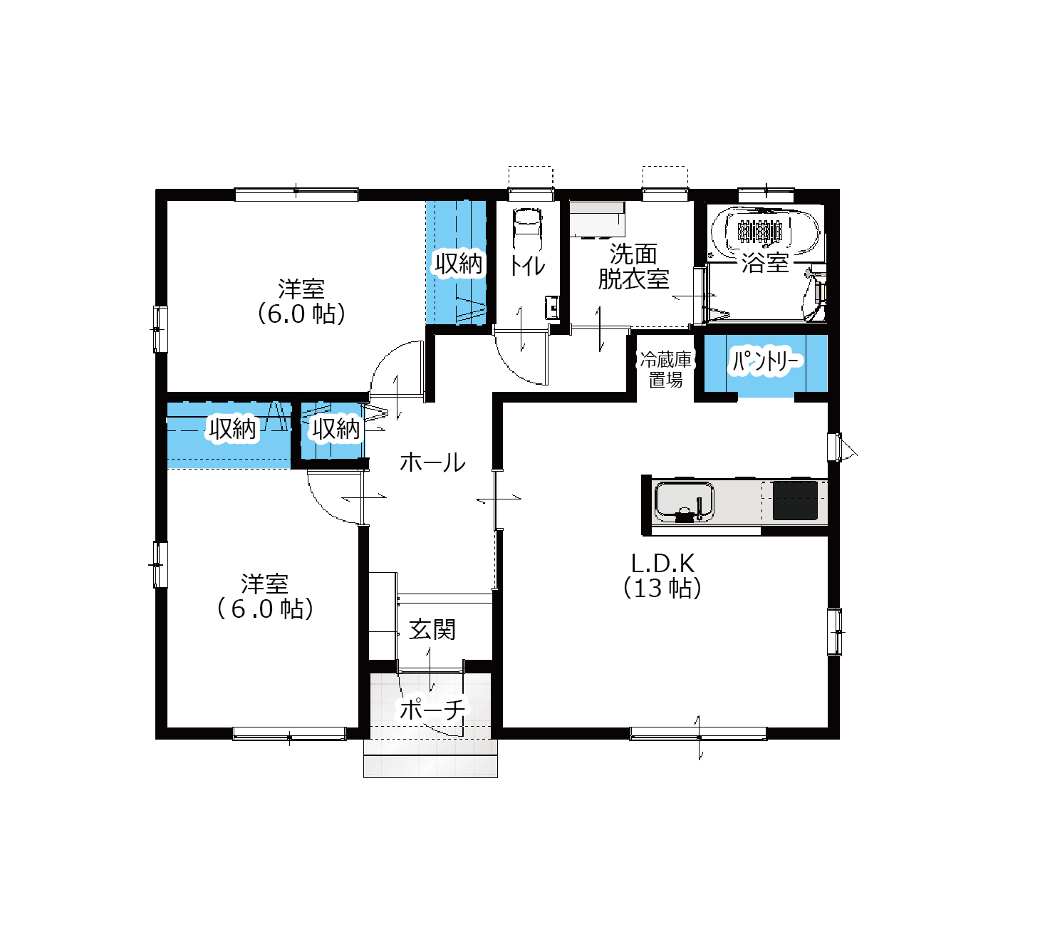 19坪2LDKの平屋の間取り図